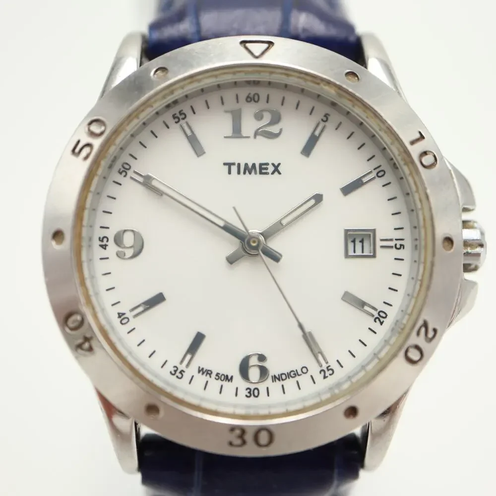 Timex Indiglo Silver Tone Date 29mm Womens Watch Blue Leather w New Battery